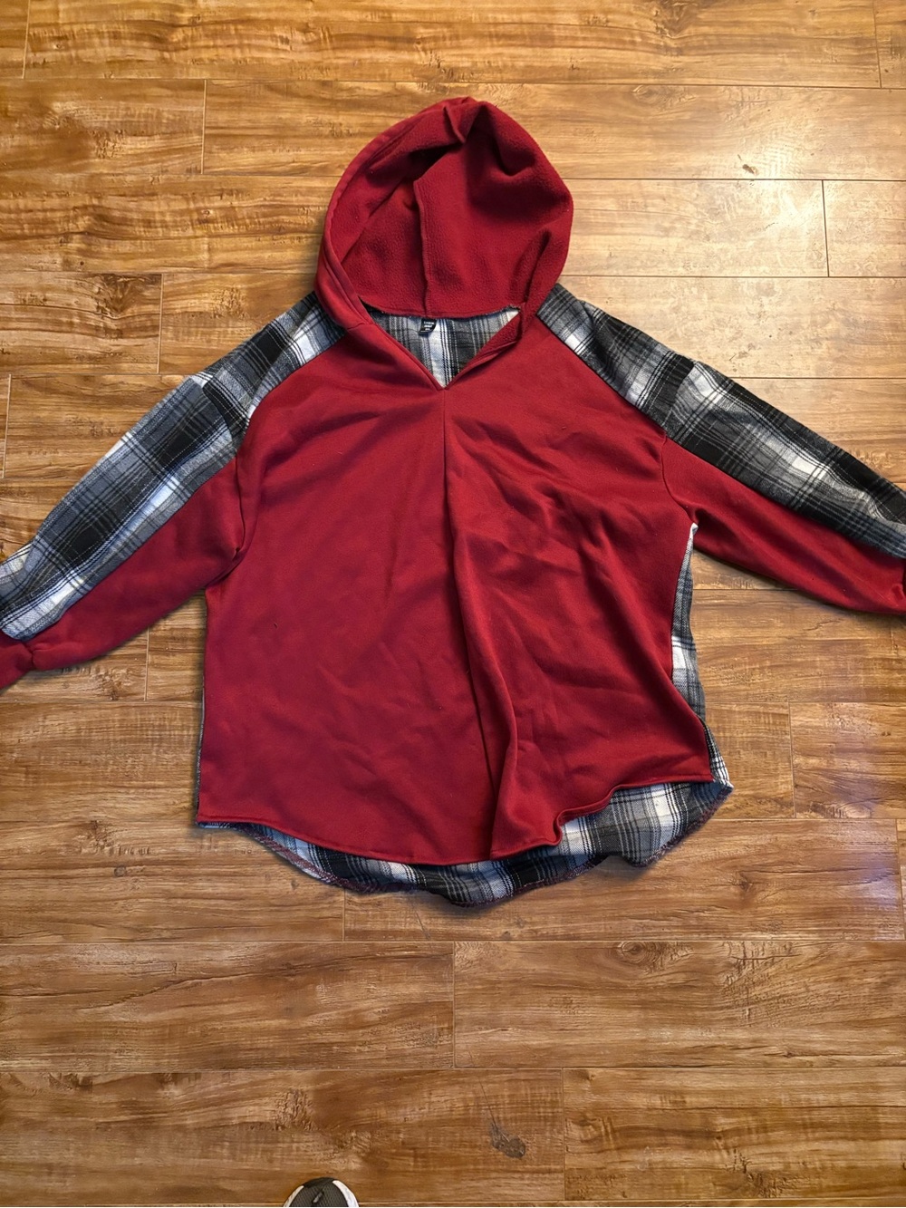 SHEIN Red Hoodie with Black & White Plaid Sleeves
